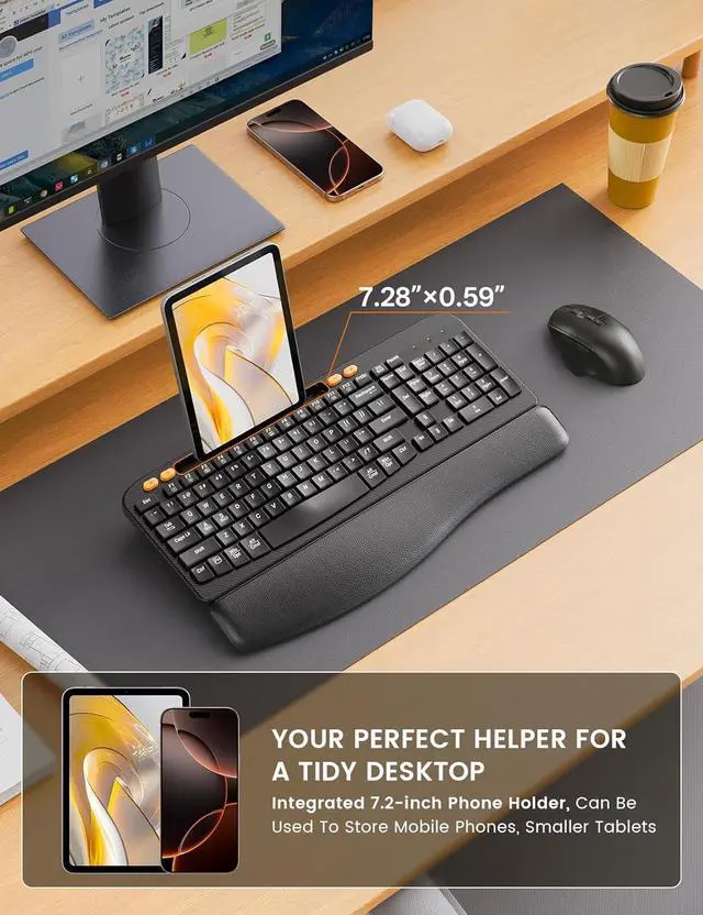 Alt view image 5 of 7 - Wireless Keyboard and Mouse Combo, Ergonomic Wave Keys, Cushioned Plam Rest, Rechargeable, Phone Holder, Natural Typing, 2.4G Lag-Free, Full Size Keyboards Cordless Set for Windows/Mac -SABLUTE