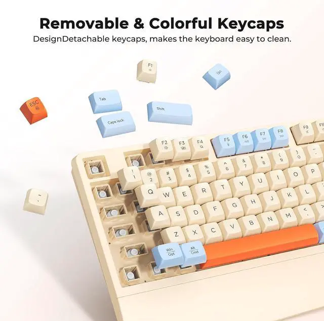 Alt view image 3 of 7 - MEETION Colorful Wireless Keyboard and Mouse, Cute Retro Keycap, Bluetooth/2.4G Rechargeable Keyboard with Detachable Wrist Rest Cover, 4 DPI Swing Mouse, for Windows/Mac/Computer/Laptop/PC, Cream