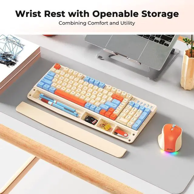 Alt view image 4 of 7 - MEETION Colorful Wireless Keyboard and Mouse, Cute Retro Keycap, Bluetooth/2.4G Rechargeable Keyboard with Detachable Wrist Rest Cover, 4 DPI Swing Mouse, for Windows/Mac/Computer/Laptop/PC, Cream