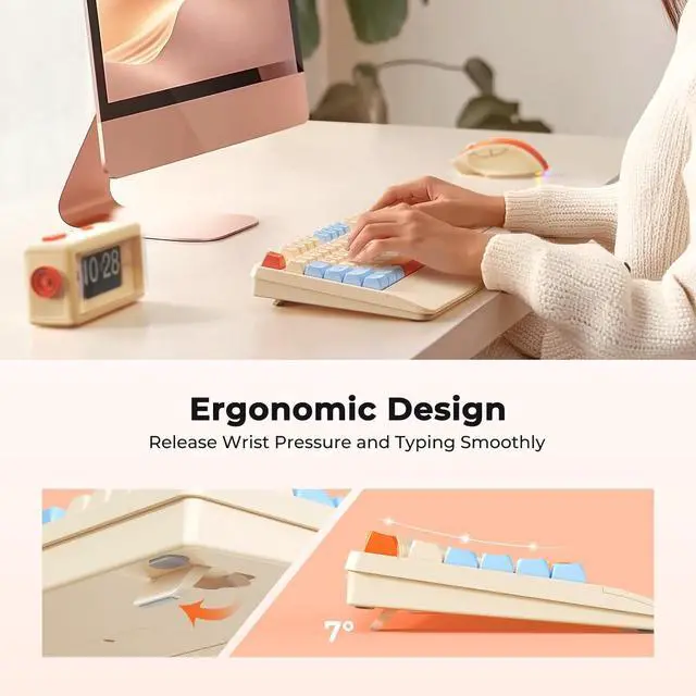 Alt view image 5 of 7 - MEETION Colorful Wireless Keyboard and Mouse, Cute Retro Keycap, Bluetooth/2.4G Rechargeable Keyboard with Detachable Wrist Rest Cover, 4 DPI Swing Mouse, for Windows/Mac/Computer/Laptop/PC, Cream