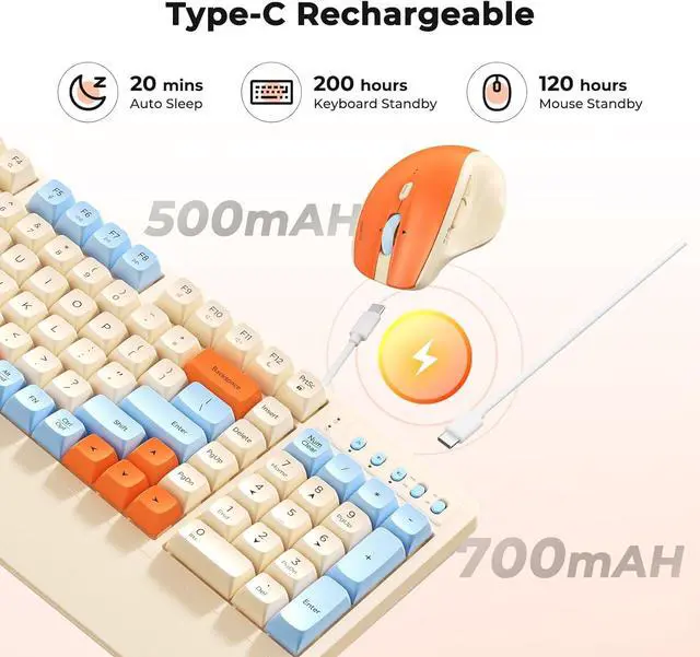 Alt view image 6 of 7 - MEETION Colorful Wireless Keyboard and Mouse, Cute Retro Keycap, Bluetooth/2.4G Rechargeable Keyboard with Detachable Wrist Rest Cover, 4 DPI Swing Mouse, for Windows/Mac/Computer/Laptop/PC, Cream