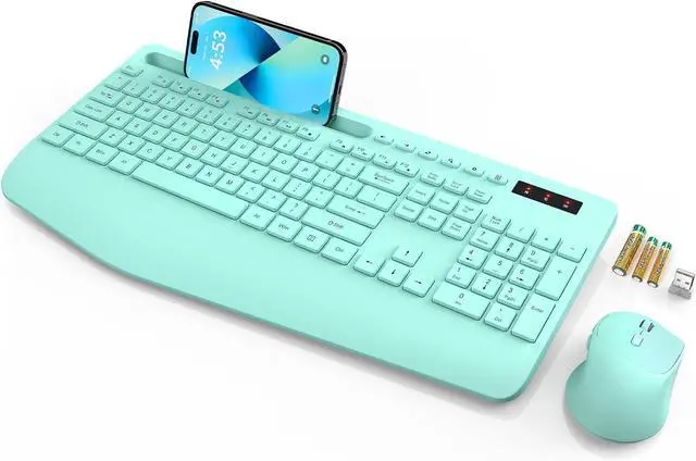 Main image of SABLUTE Wireless Keyboard and Mouse, Wrist Rest, Phone Holder, Batteries Included, 2.4G Lag-Free Ergonomic Keyboards Mouse Combo, Silent Cordless Set for Computer, Laptop, PC, Windows, Mint Green