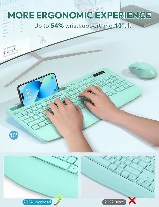 Alt view image 2 of 7 - SABLUTE Wireless Keyboard and Mouse, Wrist Rest, Phone Holder, Batteries Included, 2.4G Lag-Free Ergonomic Keyboards Mouse Combo, Silent Cordless Set for Computer, Laptop, PC, Windows, Mint Green