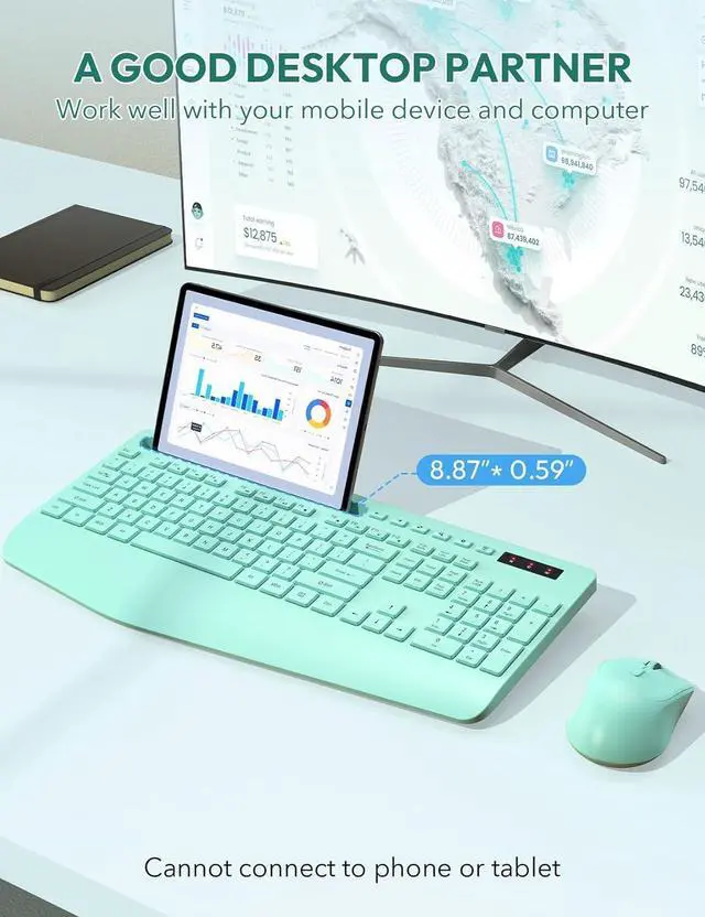 Alt view image 3 of 7 - SABLUTE Wireless Keyboard and Mouse, Wrist Rest, Phone Holder, Batteries Included, 2.4G Lag-Free Ergonomic Keyboards Mouse Combo, Silent Cordless Set for Computer, Laptop, PC, Windows, Mint Green