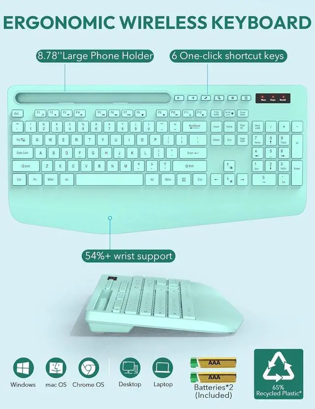 Alt view image 6 of 7 - SABLUTE Wireless Keyboard and Mouse, Wrist Rest, Phone Holder, Batteries Included, 2.4G Lag-Free Ergonomic Keyboards Mouse Combo, Silent Cordless Set for Computer, Laptop, PC, Windows, Mint Green