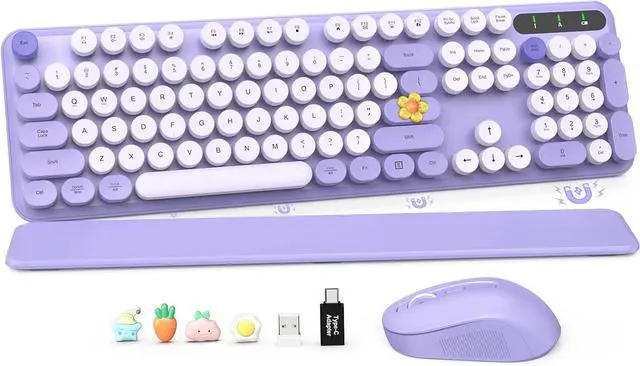 Main image of Wireless Keyboard and Mouse Combo, Retro Typewriter Keyboard, Detachable Hard Wrist Rest, Tilt Legs, Floating Round Keycaps, Auto Sleep Mode, Cute 2.4GHz Cordless Set for Mac/Windows/PC/Laptop-Purple