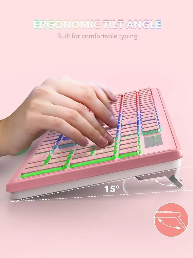 Alt view image 3 of 7 - Wireless Keyboard and Mouse Backlit, Quiet Light Up Keys, Tilt Legs, Sleep Mode - Rechargeable USB Cordless Combo for Computer, iMac, PC, Laptop - by SABLUTE, Black (Pink)