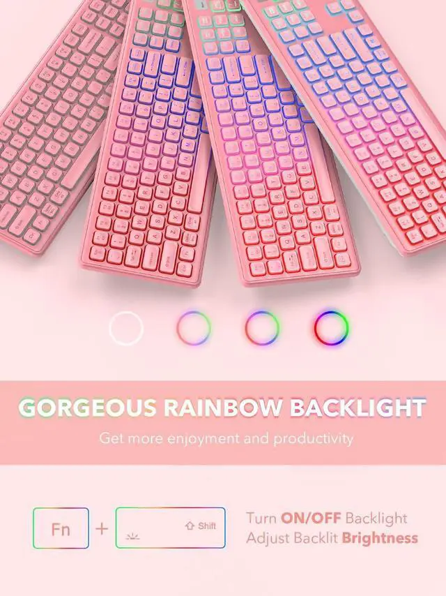 Alt view image 2 of 7 - Wireless Keyboard and Mouse Backlit, Quiet Light Up Keys, Tilt Legs, Sleep Mode - Rechargeable USB Cordless Combo for Computer, iMac, PC, Laptop - by SABLUTE, Black (Pink)