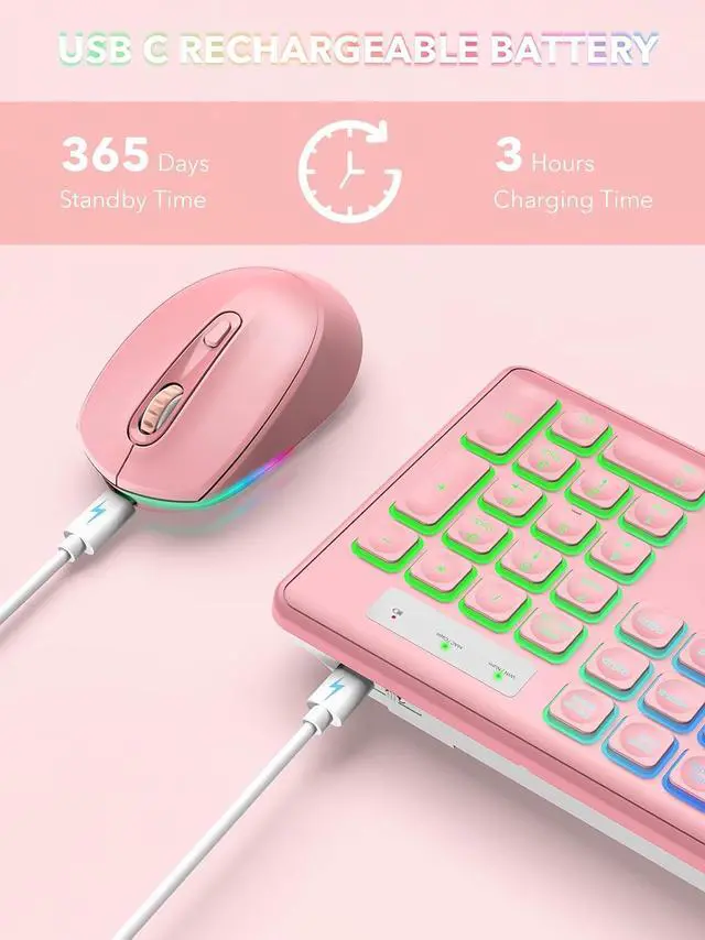 Alt view image 4 of 7 - Wireless Keyboard and Mouse Backlit, Quiet Light Up Keys, Tilt Legs, Sleep Mode - Rechargeable USB Cordless Combo for Computer, iMac, PC, Laptop - by SABLUTE, Black (Pink)