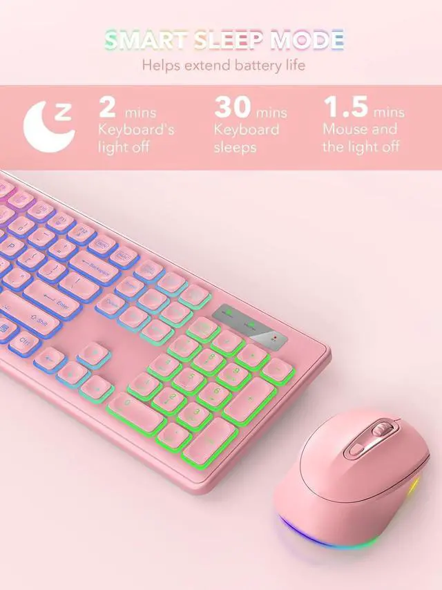 Alt view image 5 of 7 - Wireless Keyboard and Mouse Backlit, Quiet Light Up Keys, Tilt Legs, Sleep Mode - Rechargeable USB Cordless Combo for Computer, iMac, PC, Laptop - by SABLUTE, Black (Pink)