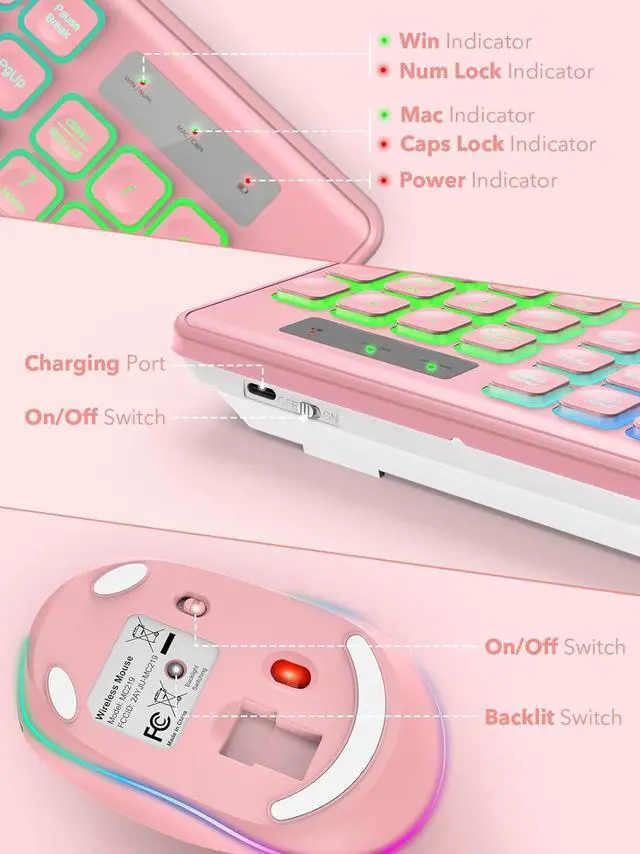 Alt view image 7 of 7 - Wireless Keyboard and Mouse Backlit, Quiet Light Up Keys, Tilt Legs, Sleep Mode - Rechargeable USB Cordless Combo for Computer, iMac, PC, Laptop - by SABLUTE, Black (Pink)