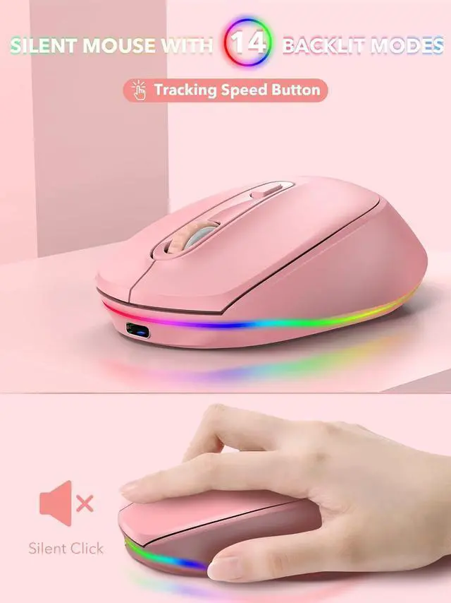 Alt view image 6 of 7 - Wireless Keyboard and Mouse Backlit, Quiet Light Up Keys, Tilt Legs, Sleep Mode - Rechargeable USB Cordless Combo for Computer, iMac, PC, Laptop - by SABLUTE, Black (Pink)