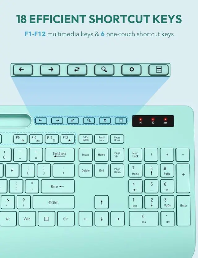 Alt view image 7 of 7 - SABLUTE Wireless Keyboard and Mouse, Wrist Rest, Phone Holder, Batteries Included, 2.4G Lag-Free Ergonomic Keyboards Mouse Combo, Silent Cordless Set for Computer, Laptop, PC, Windows, Mint Green