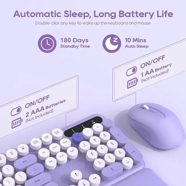 Alt view image 4 of 7 - Wireless Keyboard and Mouse Combo, Retro Typewriter Keyboard, Detachable Hard Wrist Rest, Tilt Legs, Floating Round Keycaps, Auto Sleep Mode, Cute 2.4GHz Cordless Set for Mac/Windows/PC/Laptop-Purple