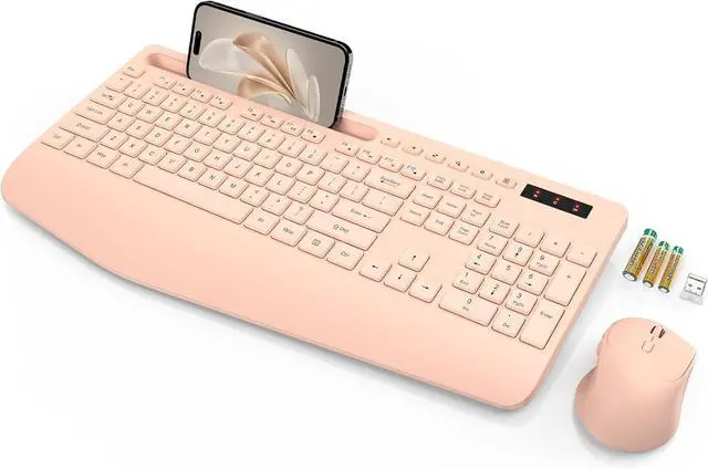 Main image of SABLUTE Wireless Keyboard and Mouse, Wrist Rest, Phone Holder, Batteries Included, 2.4G Lag-Free Ergonomic Keyboards Mouse Combo, Silent Keyboard Cordless Set for PC, Laptop, PC, Windows, Orange Pink