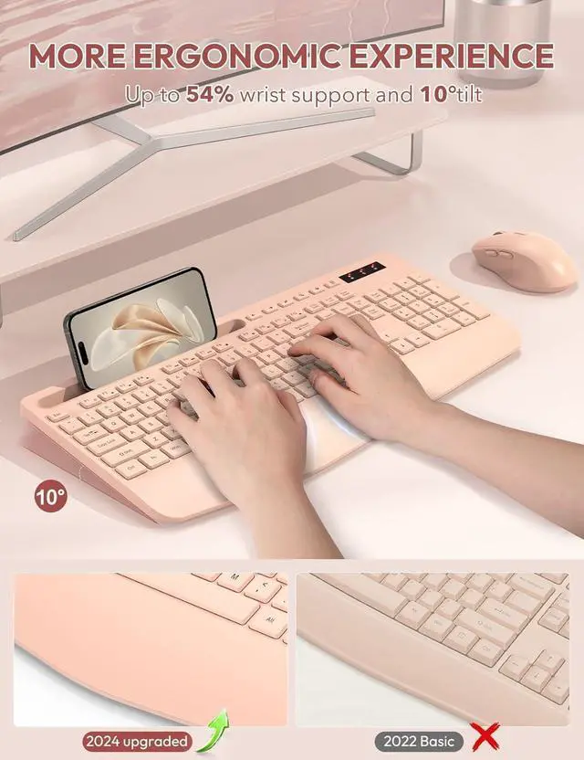 Alt view image 2 of 7 - SABLUTE Wireless Keyboard and Mouse, Wrist Rest, Phone Holder, Batteries Included, 2.4G Lag-Free Ergonomic Keyboards Mouse Combo, Silent Keyboard Cordless Set for PC, Laptop, PC, Windows, Orange Pink
