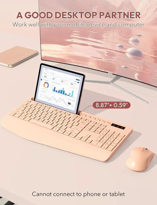 Alt view image 3 of 7 - SABLUTE Wireless Keyboard and Mouse, Wrist Rest, Phone Holder, Batteries Included, 2.4G Lag-Free Ergonomic Keyboards Mouse Combo, Silent Keyboard Cordless Set for PC, Laptop, PC, Windows, Orange Pink