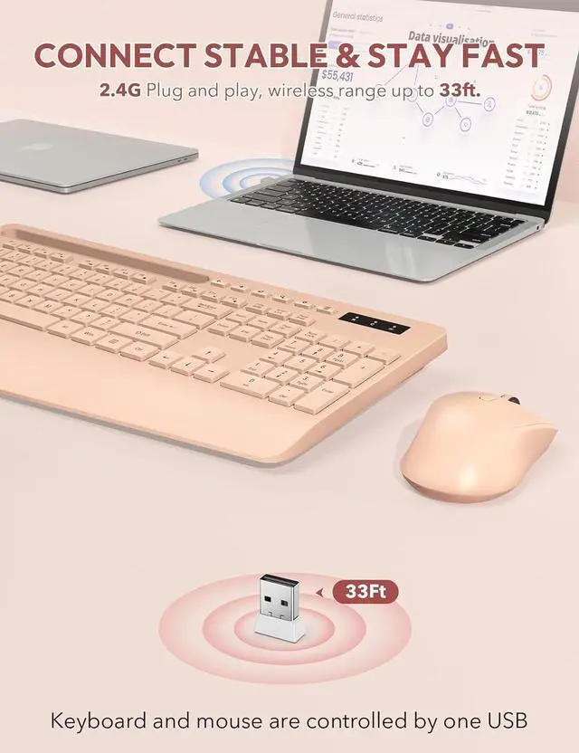 Alt view image 4 of 7 - SABLUTE Wireless Keyboard and Mouse, Wrist Rest, Phone Holder, Batteries Included, 2.4G Lag-Free Ergonomic Keyboards Mouse Combo, Silent Keyboard Cordless Set for PC, Laptop, PC, Windows, Orange Pink