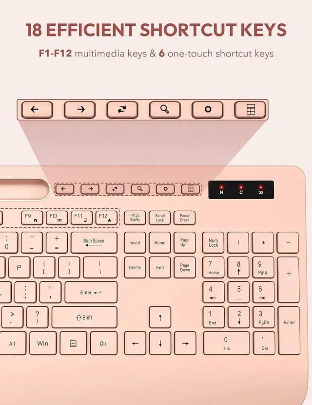 Alt view image 5 of 7 - SABLUTE Wireless Keyboard and Mouse, Wrist Rest, Phone Holder, Batteries Included, 2.4G Lag-Free Ergonomic Keyboards Mouse Combo, Silent Keyboard Cordless Set for PC, Laptop, PC, Windows, Orange Pink