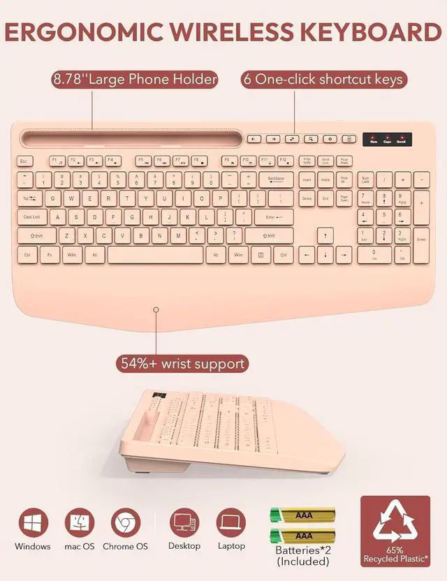 Alt view image 6 of 7 - SABLUTE Wireless Keyboard and Mouse, Wrist Rest, Phone Holder, Batteries Included, 2.4G Lag-Free Ergonomic Keyboards Mouse Combo, Silent Keyboard Cordless Set for PC, Laptop, PC, Windows, Orange Pink