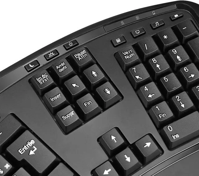 Alt view image 4 of 7 - Adesso WKB-1500CB-FR Wireless Ergonomic Keyboard and Mouse Combo, 24GHz RF, Split Design, Adjustable DPI Mouse, French QWERTY Layout, Integrated Palm Rest, 30 ft Range