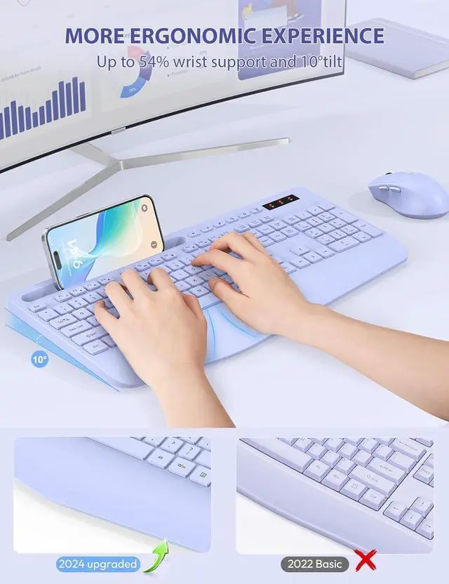 Alt view image 2 of 7 - SABLUTE Wireless Keyboard and Mouse, Wrist Rest, Phone Holder, Batteries Included, 2.4G Lag-Free Ergonomic Keyboards Mouse Combo, Silent Keyboard Cordless Set for PC, Laptop, PC, Windows, Purple
