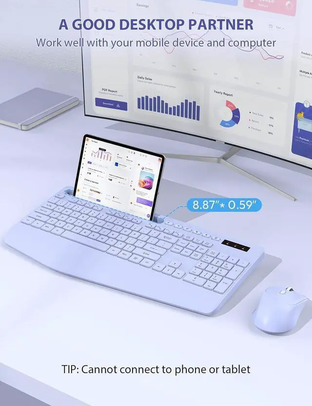 Alt view image 3 of 7 - SABLUTE Wireless Keyboard and Mouse, Wrist Rest, Phone Holder, Batteries Included, 2.4G Lag-Free Ergonomic Keyboards Mouse Combo, Silent Keyboard Cordless Set for PC, Laptop, PC, Windows, Purple