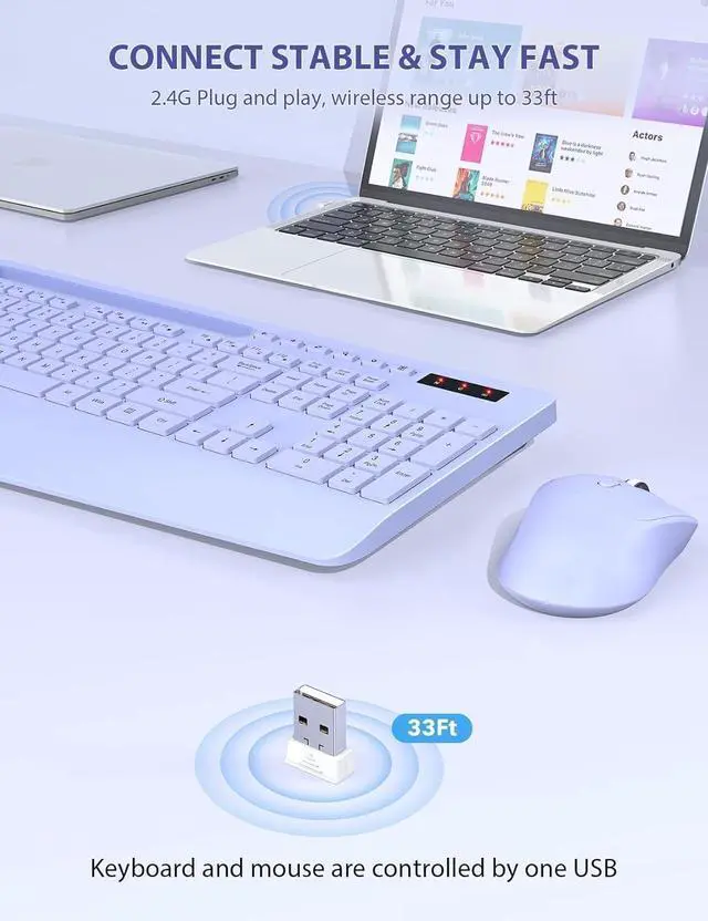 Alt view image 4 of 7 - SABLUTE Wireless Keyboard and Mouse, Wrist Rest, Phone Holder, Batteries Included, 2.4G Lag-Free Ergonomic Keyboards Mouse Combo, Silent Keyboard Cordless Set for PC, Laptop, PC, Windows, Purple