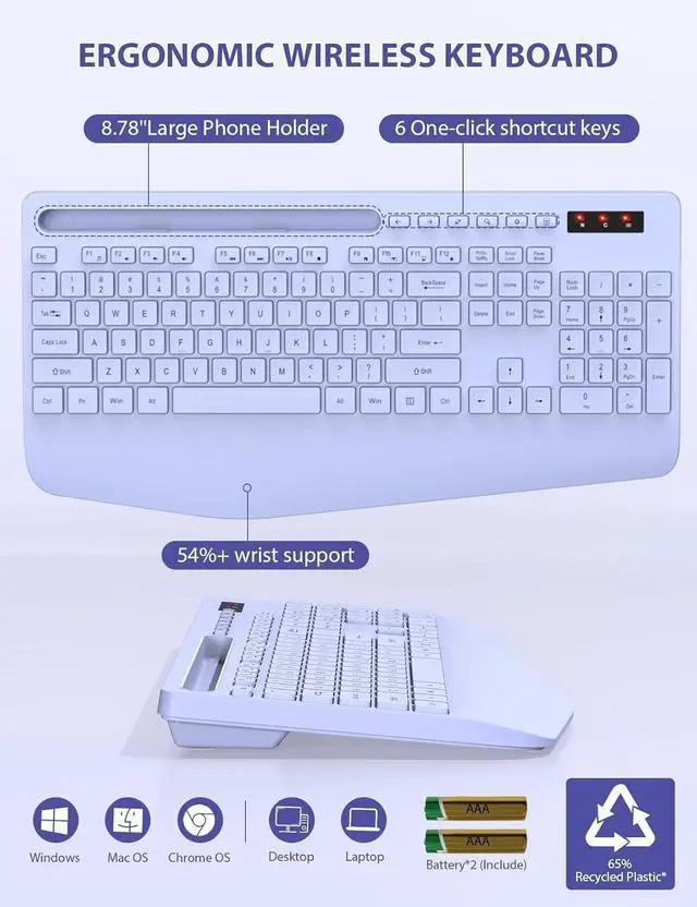 Alt view image 6 of 7 - SABLUTE Wireless Keyboard and Mouse, Wrist Rest, Phone Holder, Batteries Included, 2.4G Lag-Free Ergonomic Keyboards Mouse Combo, Silent Keyboard Cordless Set for PC, Laptop, PC, Windows, Purple