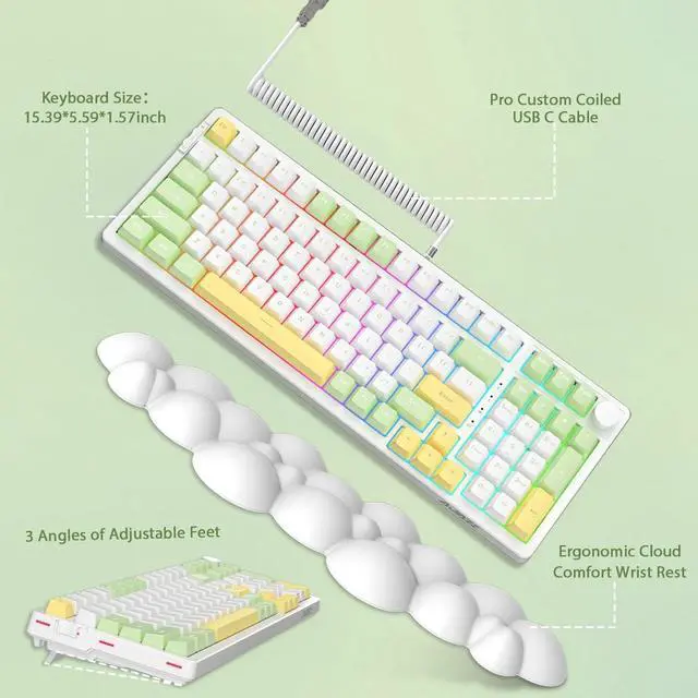 Alt view image 7 of 7 - AJAZZ AK992 Wireless Mechanical Gaming Keyboard and Cloud Wrist Rest and Coiled Cable, 2.4G/BT5.0/Wired, RGB Backlit Hot Swappable, Gasket Mount,Knob Control, 3 in 1 PC Gamer Accessories(Brown Switch)