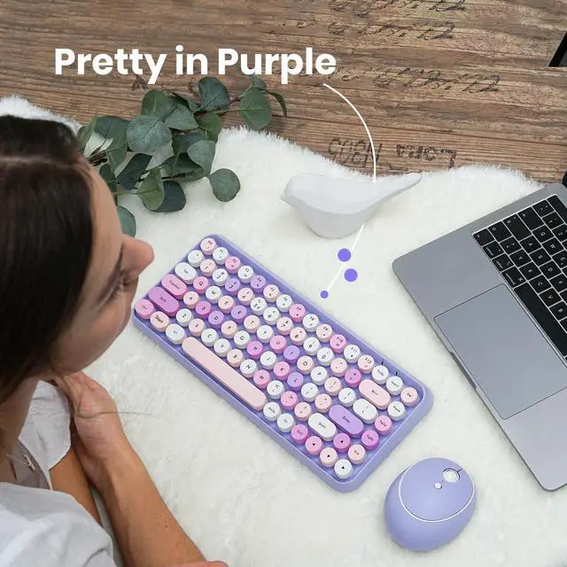 Alt view image 2 of 7 - Perixx PERIDUO-713PP Wireless Mini Keyboard and Mouse Combo - Retro Round Key Caps - Pastel Purple - US English Layout