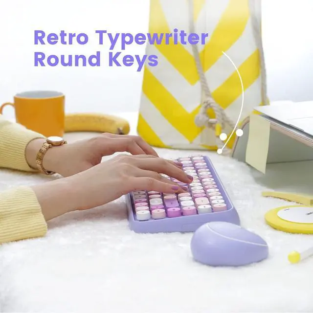 Alt view image 3 of 7 - Perixx PERIDUO-713PP Wireless Mini Keyboard and Mouse Combo - Retro Round Key Caps - Pastel Purple - US English Layout