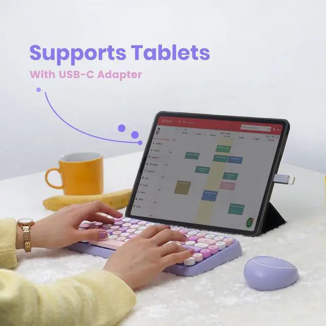 Alt view image 5 of 7 - Perixx PERIDUO-713PP Wireless Mini Keyboard and Mouse Combo - Retro Round Key Caps - Pastel Purple - US English Layout