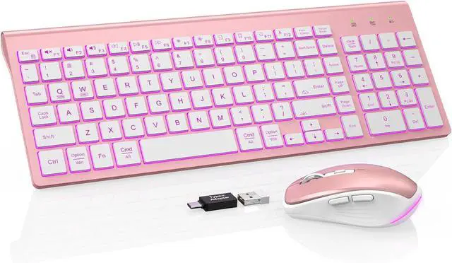 Main image of SABLUTE Wireless Keyboard and Mouse Combo Backlit - Compact Quiet Keyboard with RGB Mouse, Rechargeable, Slim, Sleep Mode, Portable Cordless Keyboard Mouse Set for Mac, Windows, Laptop (Rose Gold)