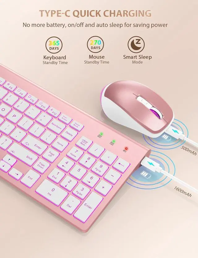 Alt view image 4 of 7 - SABLUTE Wireless Keyboard and Mouse Combo Backlit - Compact Quiet Keyboard with RGB Mouse, Rechargeable, Slim, Sleep Mode, Portable Cordless Keyboard Mouse Set for Mac, Windows, Laptop (Rose Gold)