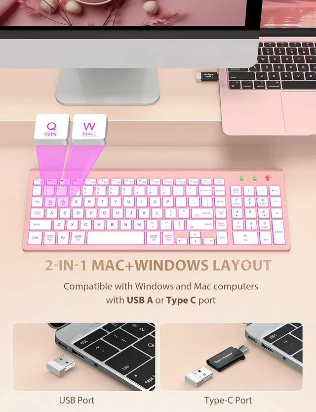 Alt view image 3 of 7 - SABLUTE Wireless Keyboard and Mouse Combo Backlit - Compact Quiet Keyboard with RGB Mouse, Rechargeable, Slim, Sleep Mode, Portable Cordless Keyboard Mouse Set for Mac, Windows, Laptop (Rose Gold)