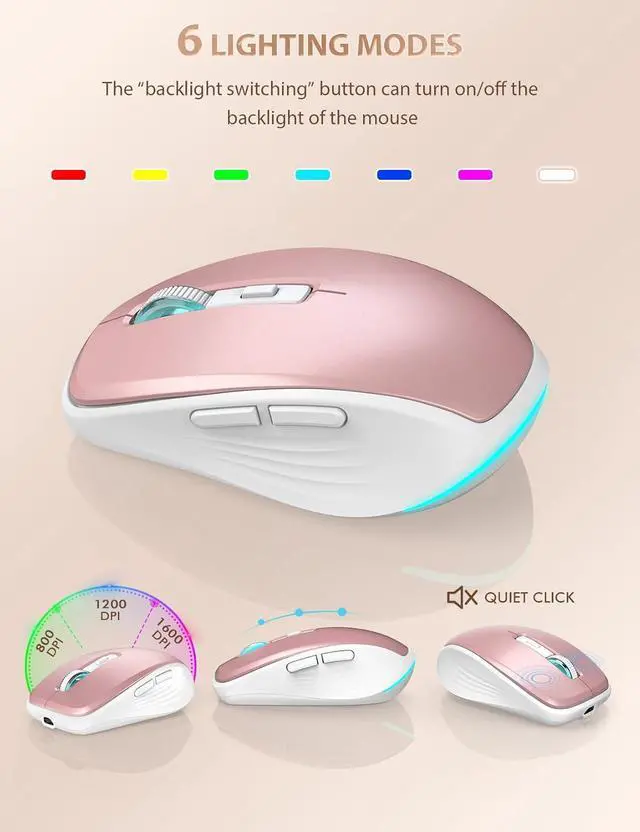 Alt view image 6 of 7 - SABLUTE Wireless Keyboard and Mouse Combo Backlit - Compact Quiet Keyboard with RGB Mouse, Rechargeable, Slim, Sleep Mode, Portable Cordless Keyboard Mouse Set for Mac, Windows, Laptop (Rose Gold)