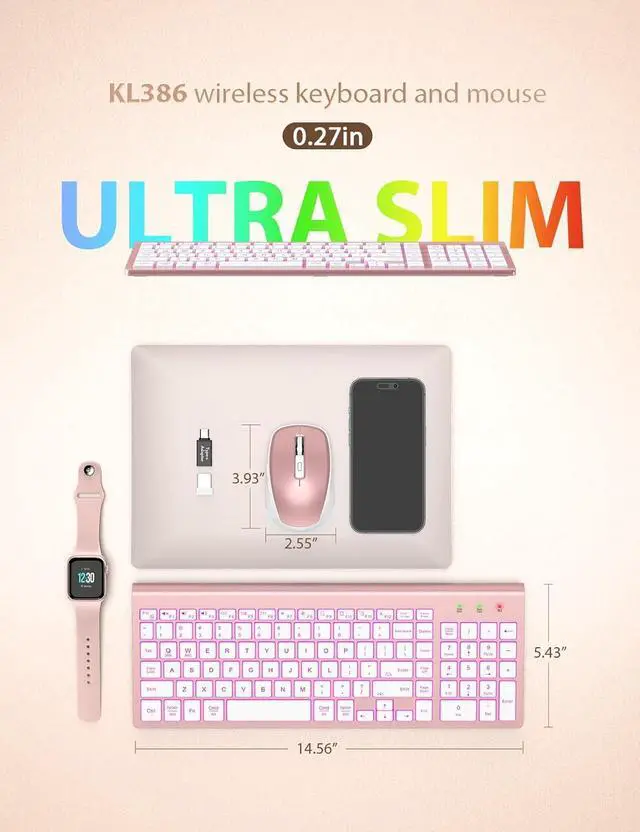 Alt view image 7 of 7 - SABLUTE Wireless Keyboard and Mouse Combo Backlit - Compact Quiet Keyboard with RGB Mouse, Rechargeable, Slim, Sleep Mode, Portable Cordless Keyboard Mouse Set for Mac, Windows, Laptop (Rose Gold)