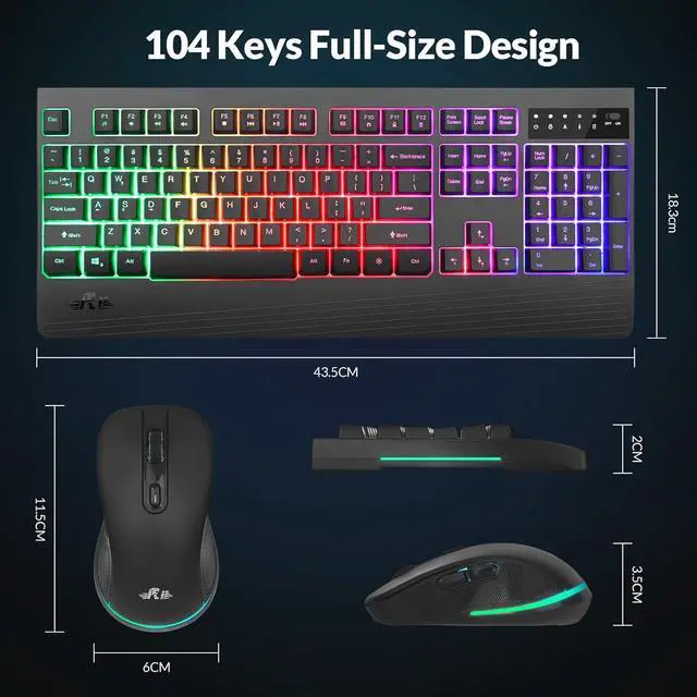 Alt view image 7 of 7 - Rii Wireless Keyboard and Mouse Combo,Rainbown Backlight Wireless Keyboard,USB Wireless Mouse,Rechargeable Wireless Keyboard Mouse for Computer,PC,Windows,Mac