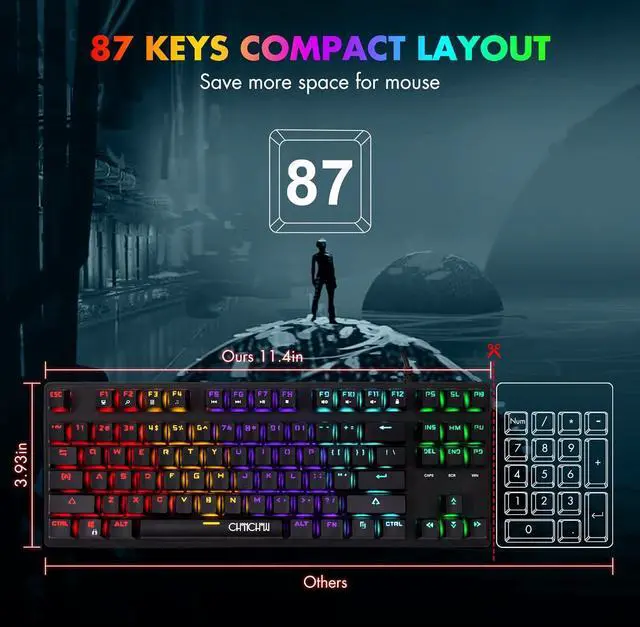 Alt view image 4 of 4 - CHONCHOW Mechanical Gaming Keyboard and Mouse Combo TKL 87 Keys Blue Switche RGB Rainbow Backlit Keyboard 3200DPI Mice with 6 Button Value Combo for PS4 Xbox Laptop Windows PC Gamer
