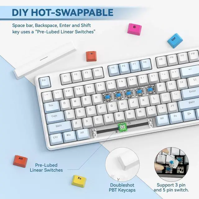 Alt view image 4 of 7 - MAGIC-REFINER AK873 75% Wired Mechanical Gaming Keyboard, Anti-ghosting Blue Switch,8Pcs DIY Sublimation Color keycaps,Rainbow LED Backlist for PC Xbox PS4Mac Users(Blue White)