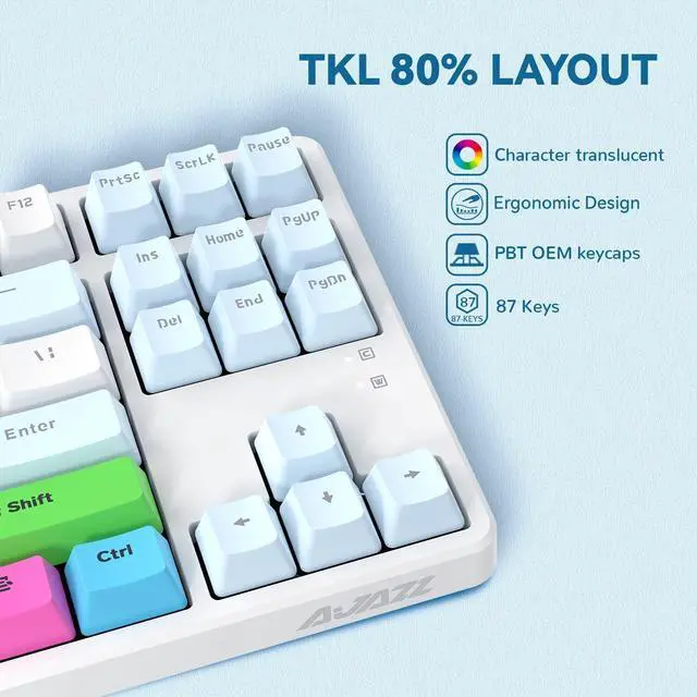 Alt view image 6 of 7 - MAGIC-REFINER AK873 75% Wired Mechanical Gaming Keyboard, Anti-ghosting Blue Switch,8Pcs DIY Sublimation Color keycaps,Rainbow LED Backlist for PC Xbox PS4Mac Users(Blue White)