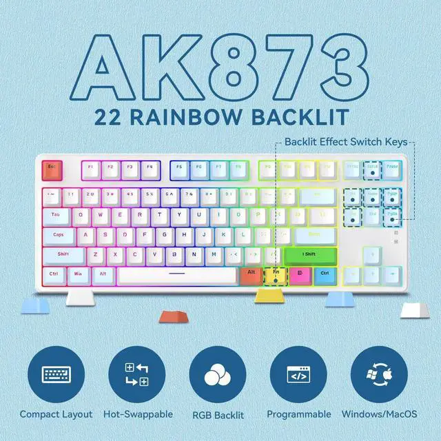 Alt view image 5 of 7 - MAGIC-REFINER AK873 75% Wired Mechanical Gaming Keyboard, Anti-ghosting Blue Switch,8Pcs DIY Sublimation Color keycaps,Rainbow LED Backlist for PC Xbox PS4Mac Users(Blue White)