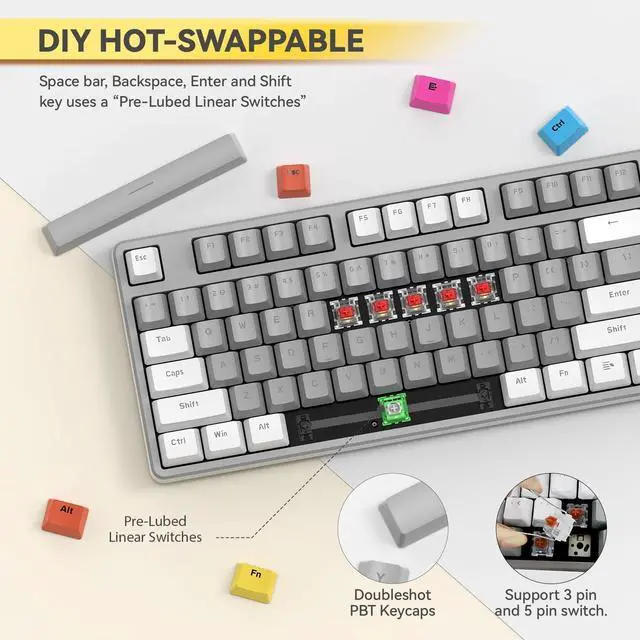 Alt view image 4 of 7 - MAGIC-REFINER AK873 75% Wired Mechanical Gaming Keyboard with red Switch,Hot-Swappable Keyboard with 8Pcs DIY Sublimation Color keycaps,Mixed Rainbow LED Backlit for PC Xbox PS4Mac (White Grey)