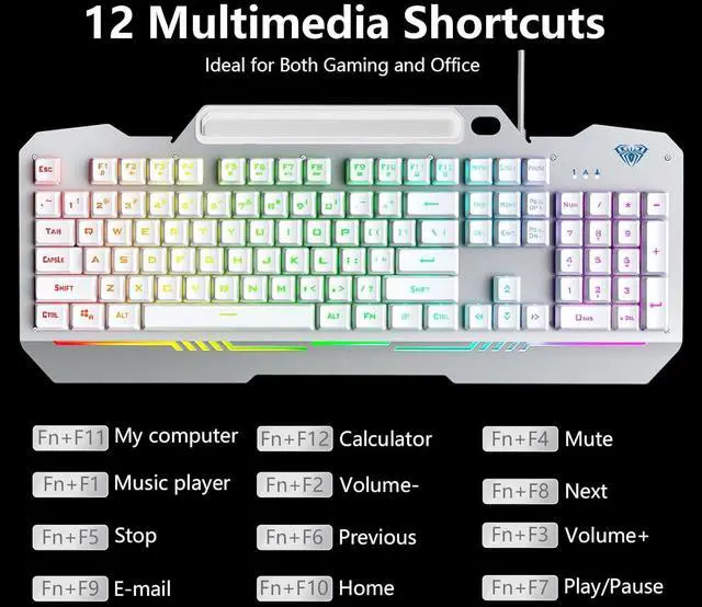 Alt view image 7 of 7 - AULA Gaming Keyboard, T102 104 Keys Keyboard and Mouse Combo, USB Wired Computer Keyboards Mechanical Feel Full Size, RGB Backlit for PC/Laptop Gaming or Working/Office (White)