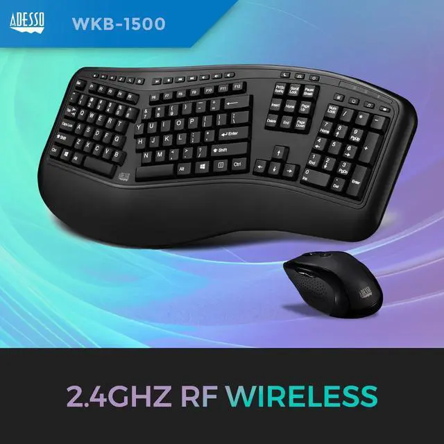Alt view image 3 of 7 - Adesso Wireless Ergonomic Keyboard (Canadian French) and Laser Mouse Combo  2.4GHz RF, Split Key Design, Hotkeys, Adjustable DPI, Advanced Laser Sensor, 30ft Range, WKB-1500GB-FR