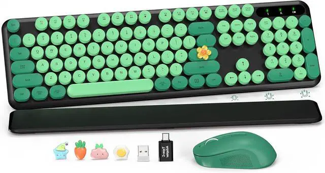 Main image of Wireless Keyboard and Mouse Combo-Round Keycaps, Full-Size Retro Typewriter Keyboard with Detachable Wrist Rest, Sleep Mode & Tilt Legs, 2.4GHz Cordless Connection for Mac/Windows/PC (Black & Green)