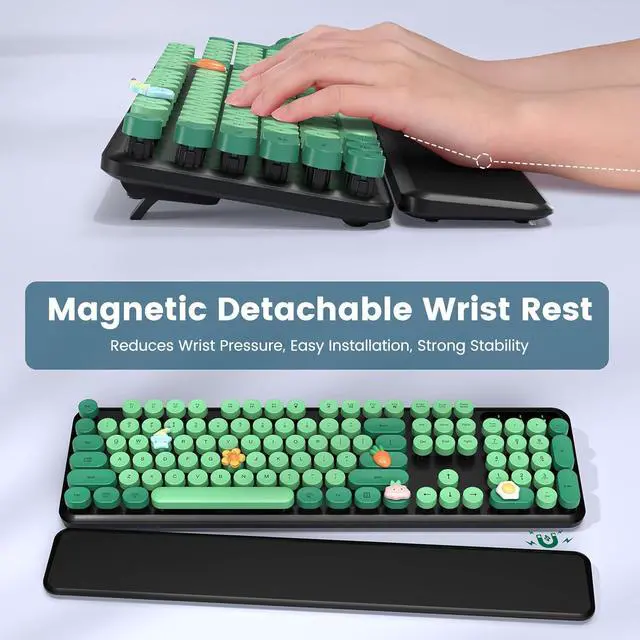 Alt view image 2 of 7 - Wireless Keyboard and Mouse Combo-Round Keycaps, Full-Size Retro Typewriter Keyboard with Detachable Wrist Rest, Sleep Mode & Tilt Legs, 2.4GHz Cordless Connection for Mac/Windows/PC (Black & Green)