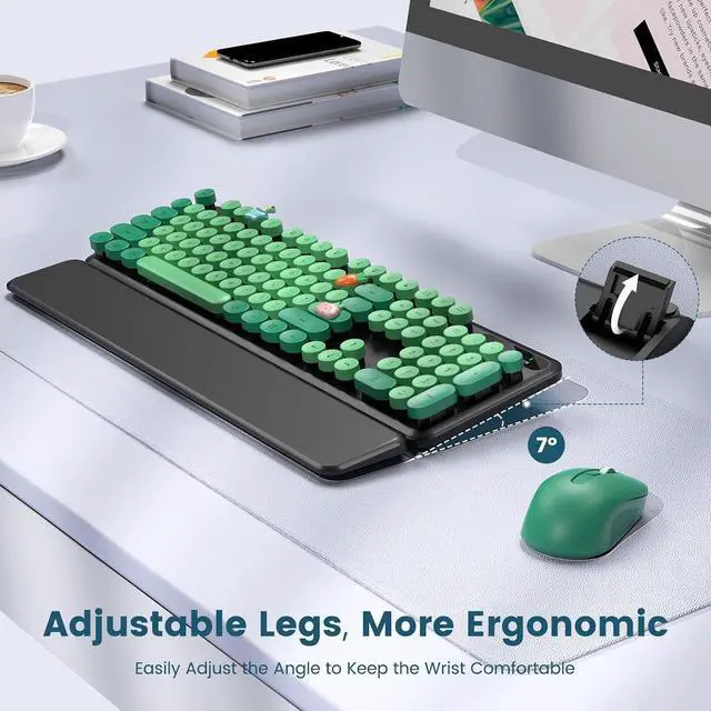 Alt view image 3 of 7 - Wireless Keyboard and Mouse Combo-Round Keycaps, Full-Size Retro Typewriter Keyboard with Detachable Wrist Rest, Sleep Mode & Tilt Legs, 2.4GHz Cordless Connection for Mac/Windows/PC (Black & Green)