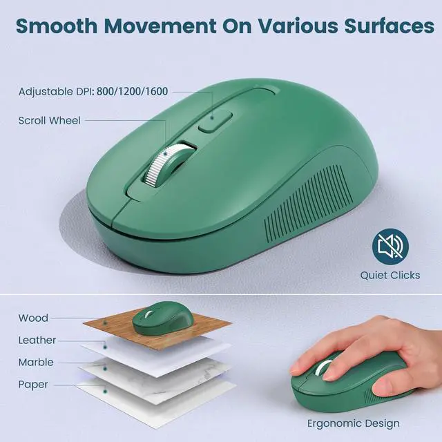 Alt view image 5 of 7 - Wireless Keyboard and Mouse Combo-Round Keycaps, Full-Size Retro Typewriter Keyboard with Detachable Wrist Rest, Sleep Mode & Tilt Legs, 2.4GHz Cordless Connection for Mac/Windows/PC (Black & Green)